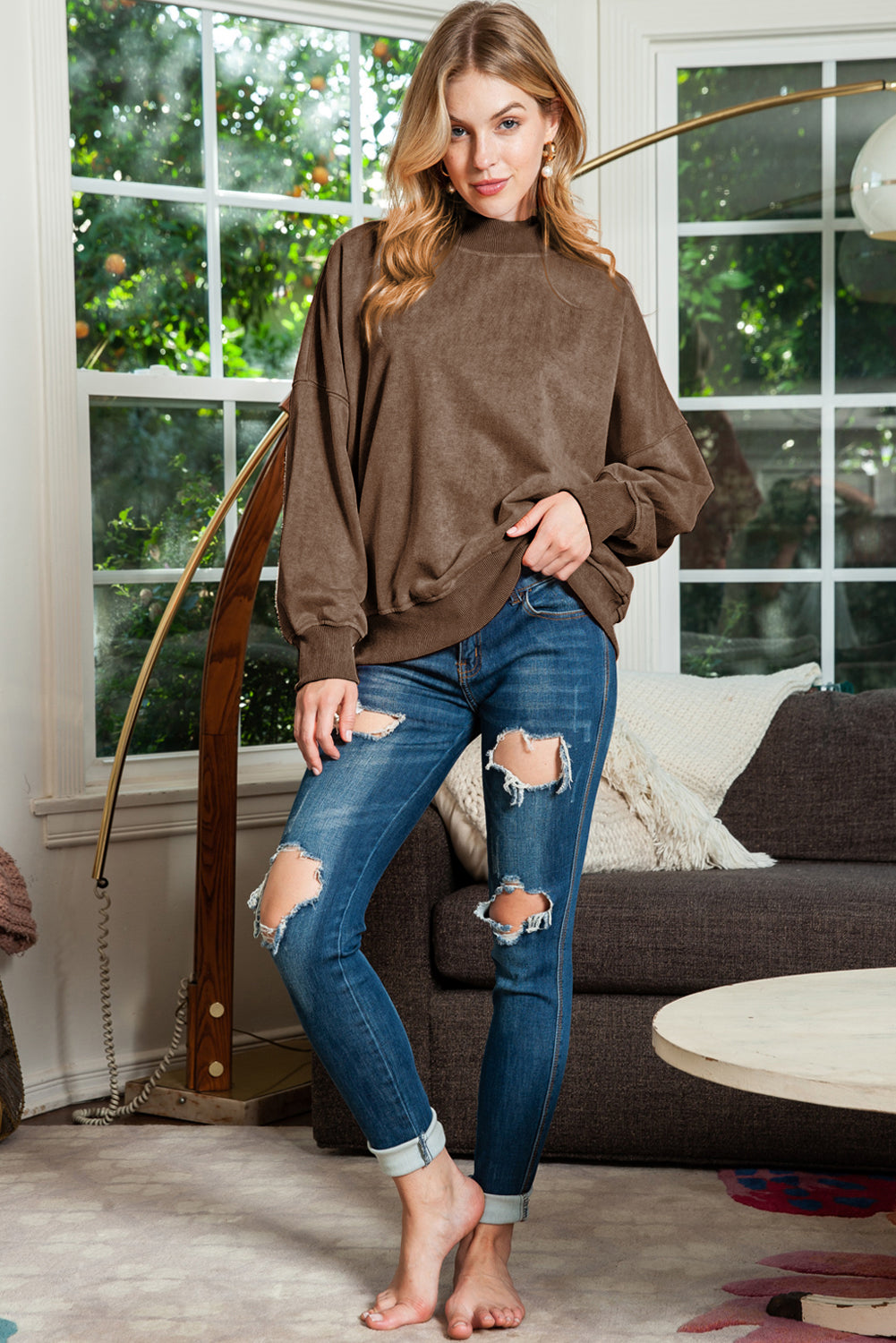 Brown Plain Drop Shoulder Crew Neck Sweatshirt