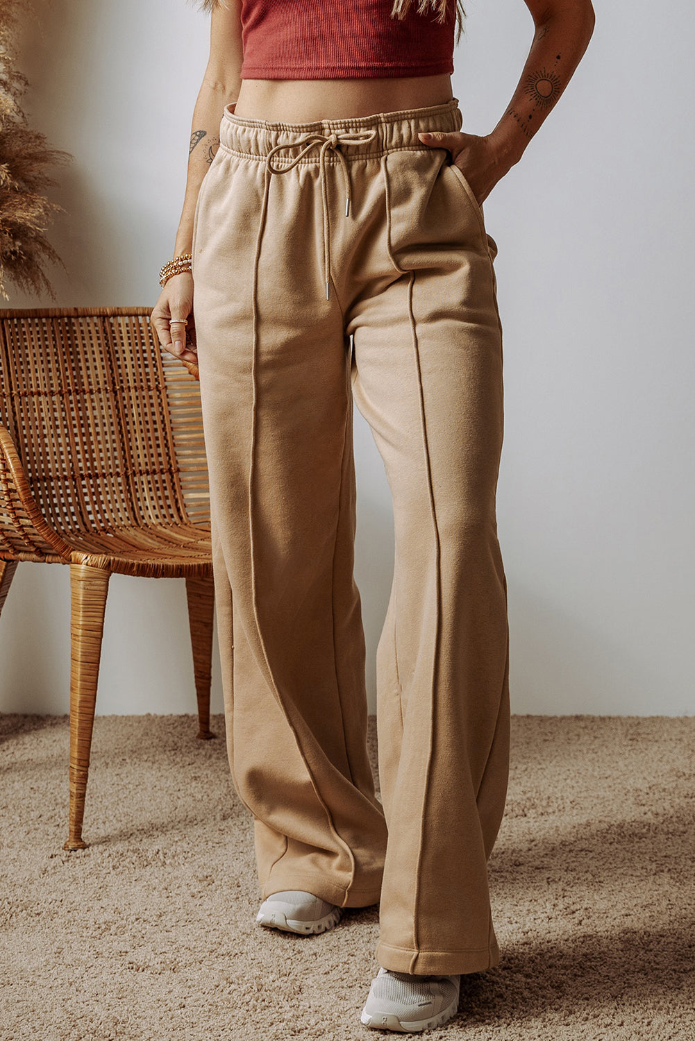 Exposed Seam Drawstring High Waist Wide Leg Pants (S-XL)