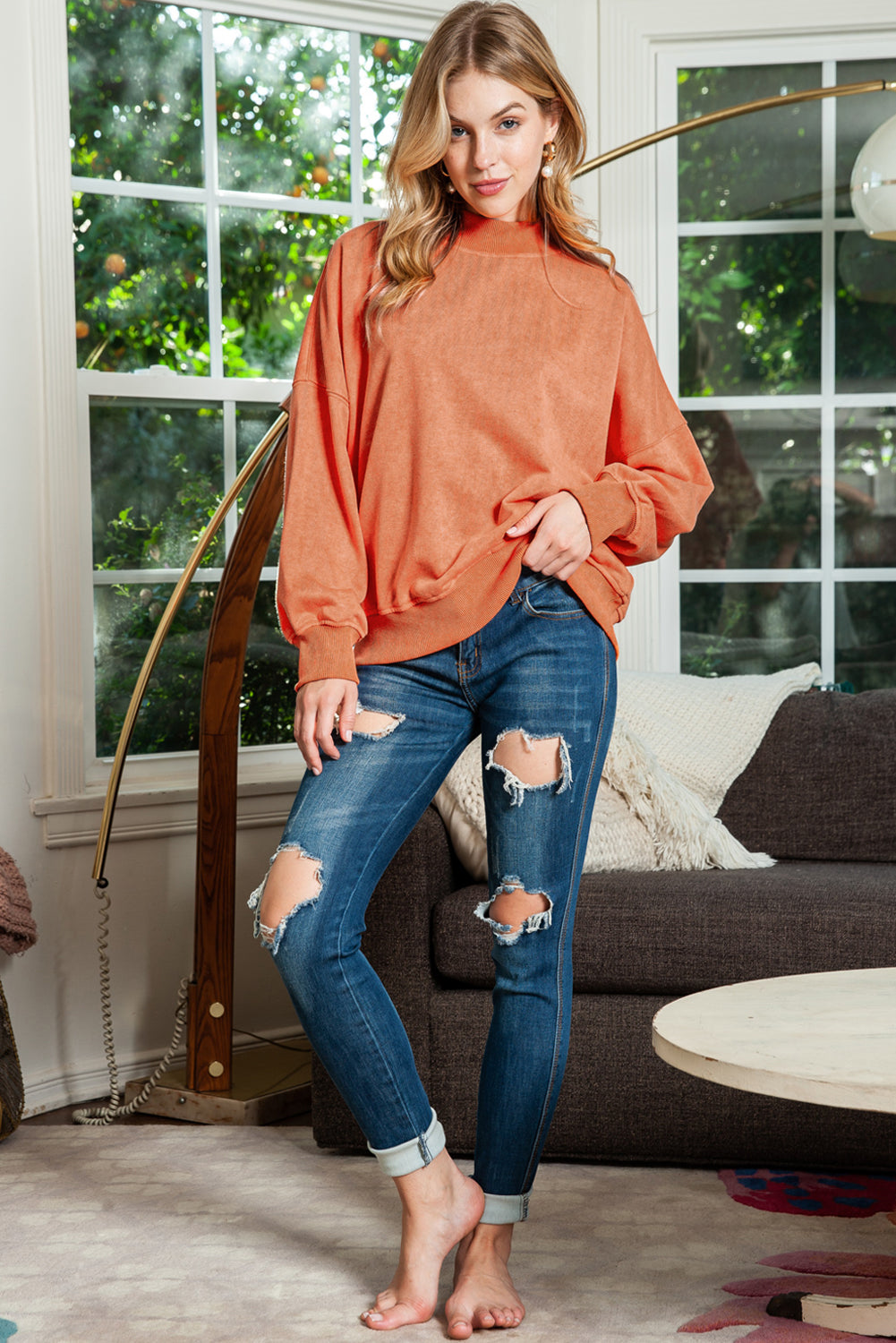 Brown Plain Drop Shoulder Crew Neck Sweatshirt