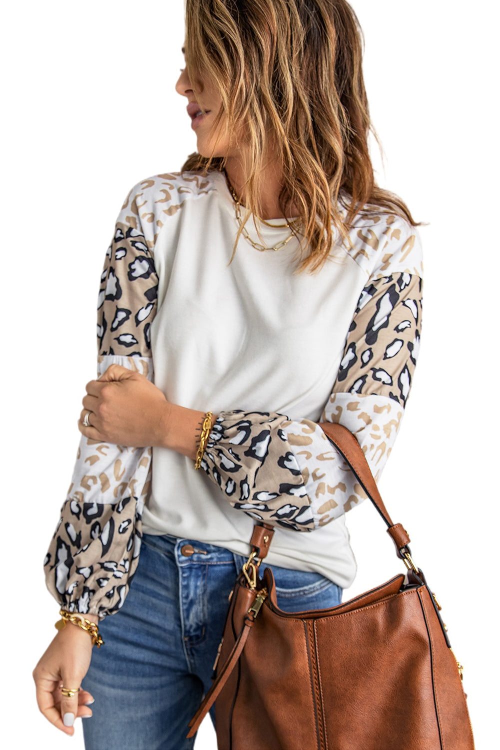 Blank Ivory Cheetah Print Lantern Sleeve Crew Neck Raglan Shirt