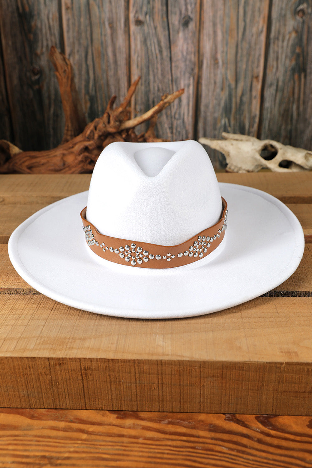 White Studded Detail Wide Brim Panama Hat