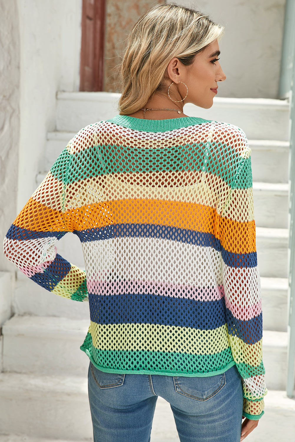 Colorblock Striped Hollow Knitted Top (S-XL - 2 Colors)