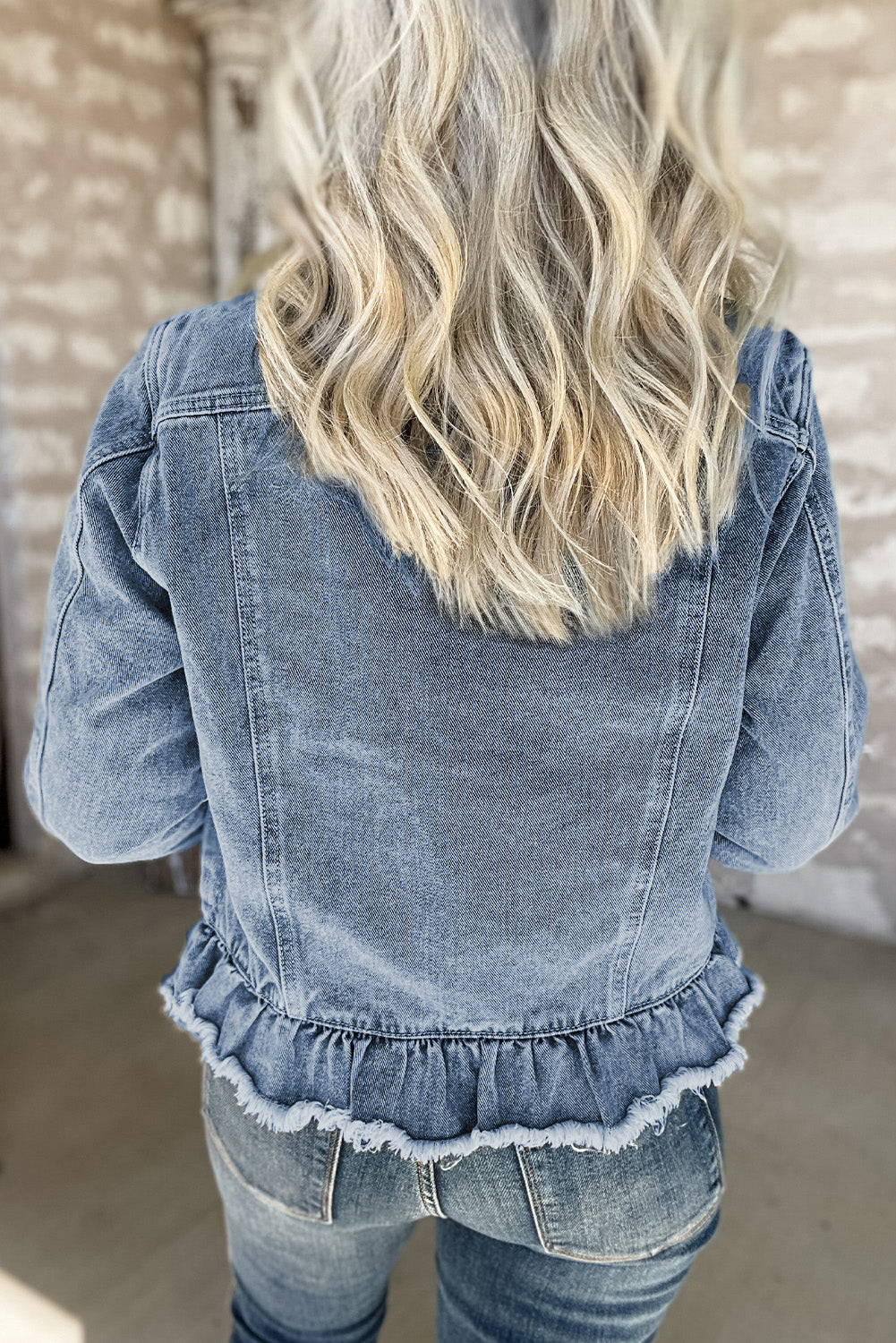 Beau Blue Ruffle Raw Hem Denim Jacket (S-2XL)