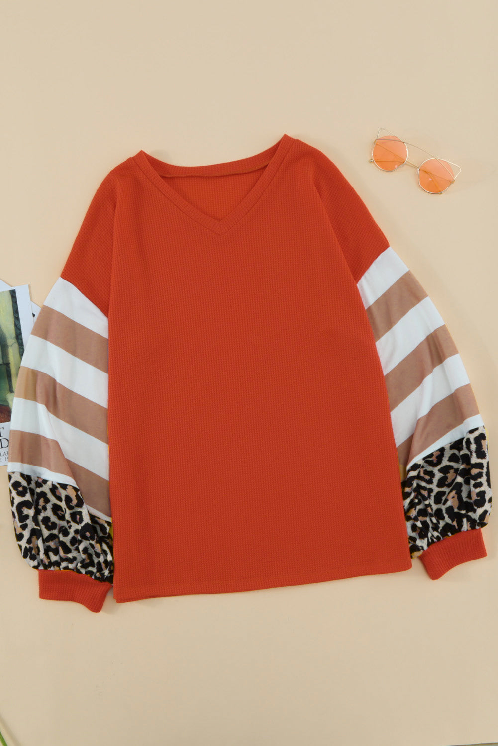 Blank Leopard Color Block V Neck Long Sleeve (S-2XL)