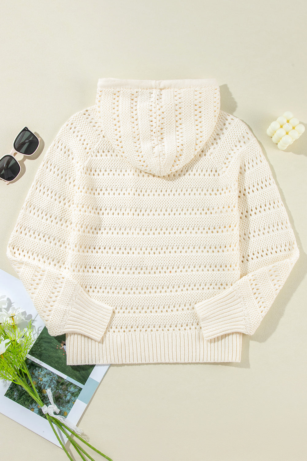 Peach Blossom Pointelle Knit  Hooded Sweater