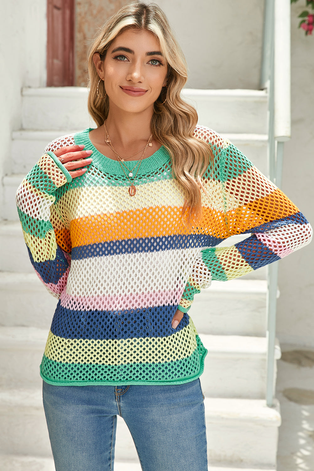 Colorblock Striped Hollow Knitted Top (S-XL - 2 Colors)