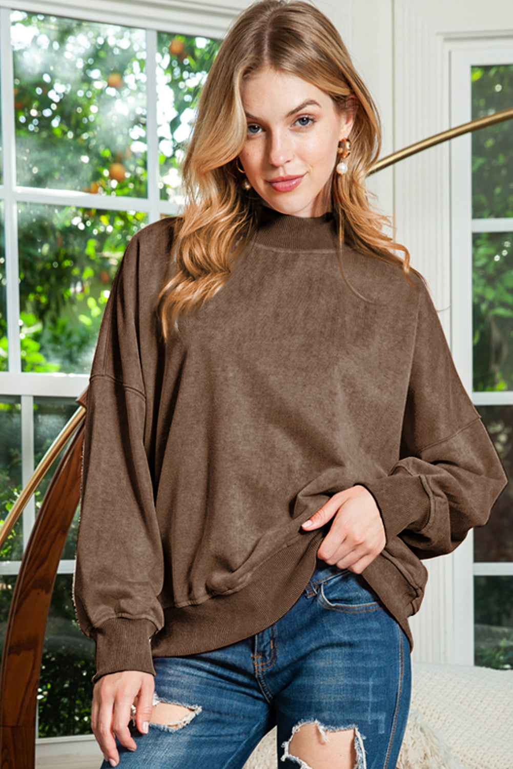 Brown Plain Drop Shoulder Crew Neck Sweatshirt