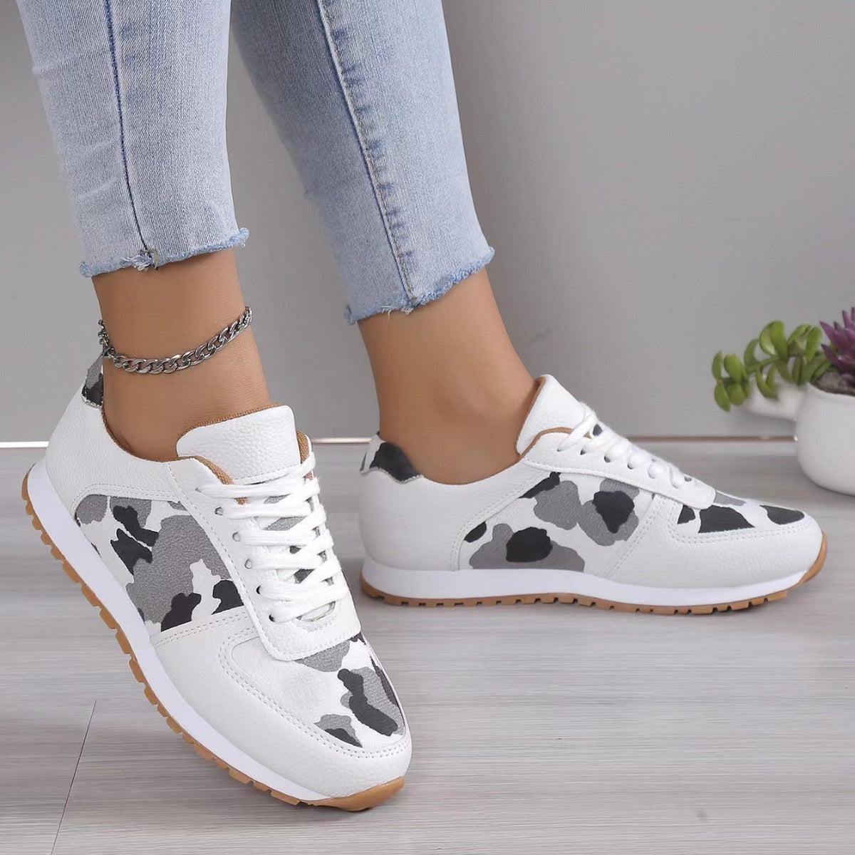 Camo/Leopard Printed Leather Athletic Shoes