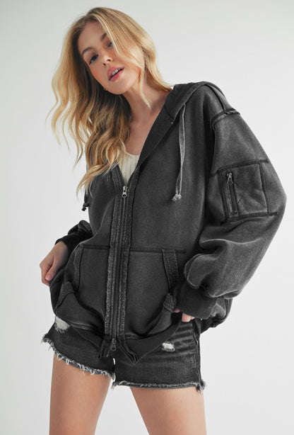 Exposed Seam Zip Up Drawstring Hooded Jacket (S-L)