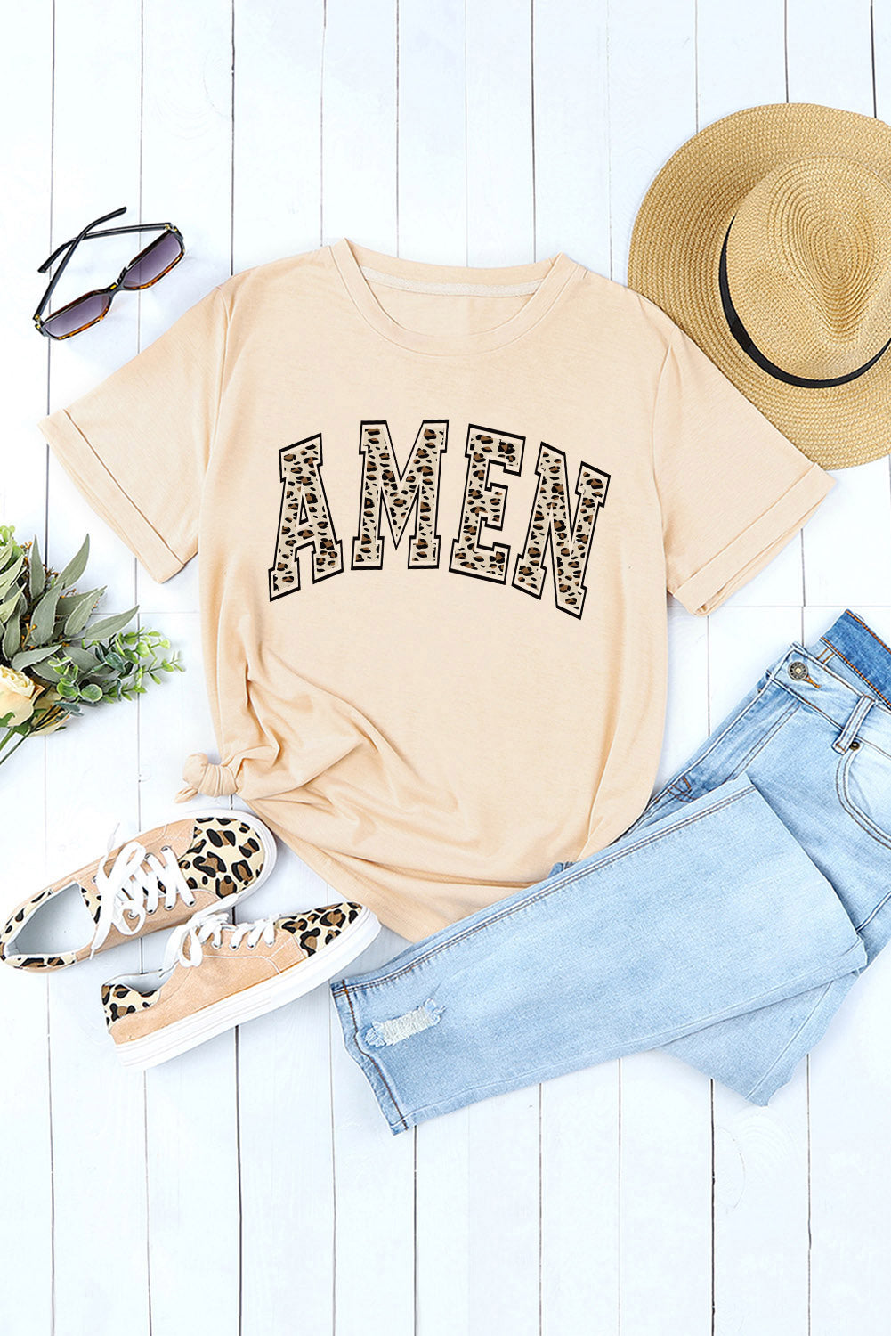 Khaki Amen Leopard Print Graphic Tee (S-2XL)