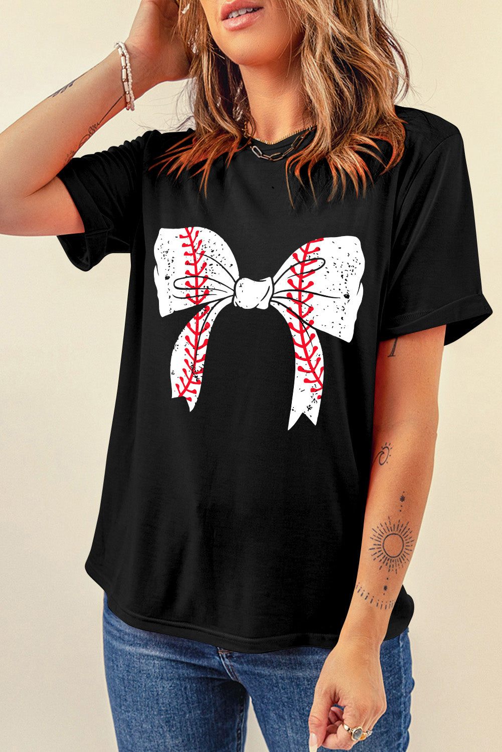 Baseball/Softball Bow Graphic Roll Up Sleeve Tee (S-2XL - 2 Styles)