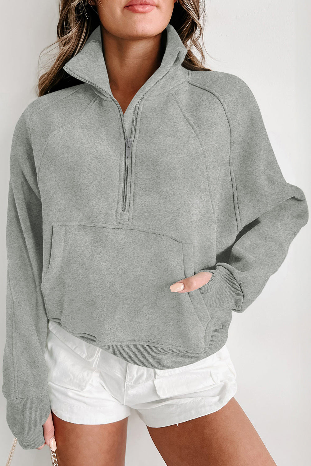 Smoke Green Quarter Zip Pocket Sweatshirt