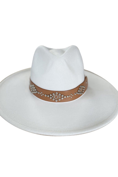 White Studded Detail Wide Brim Panama Hat