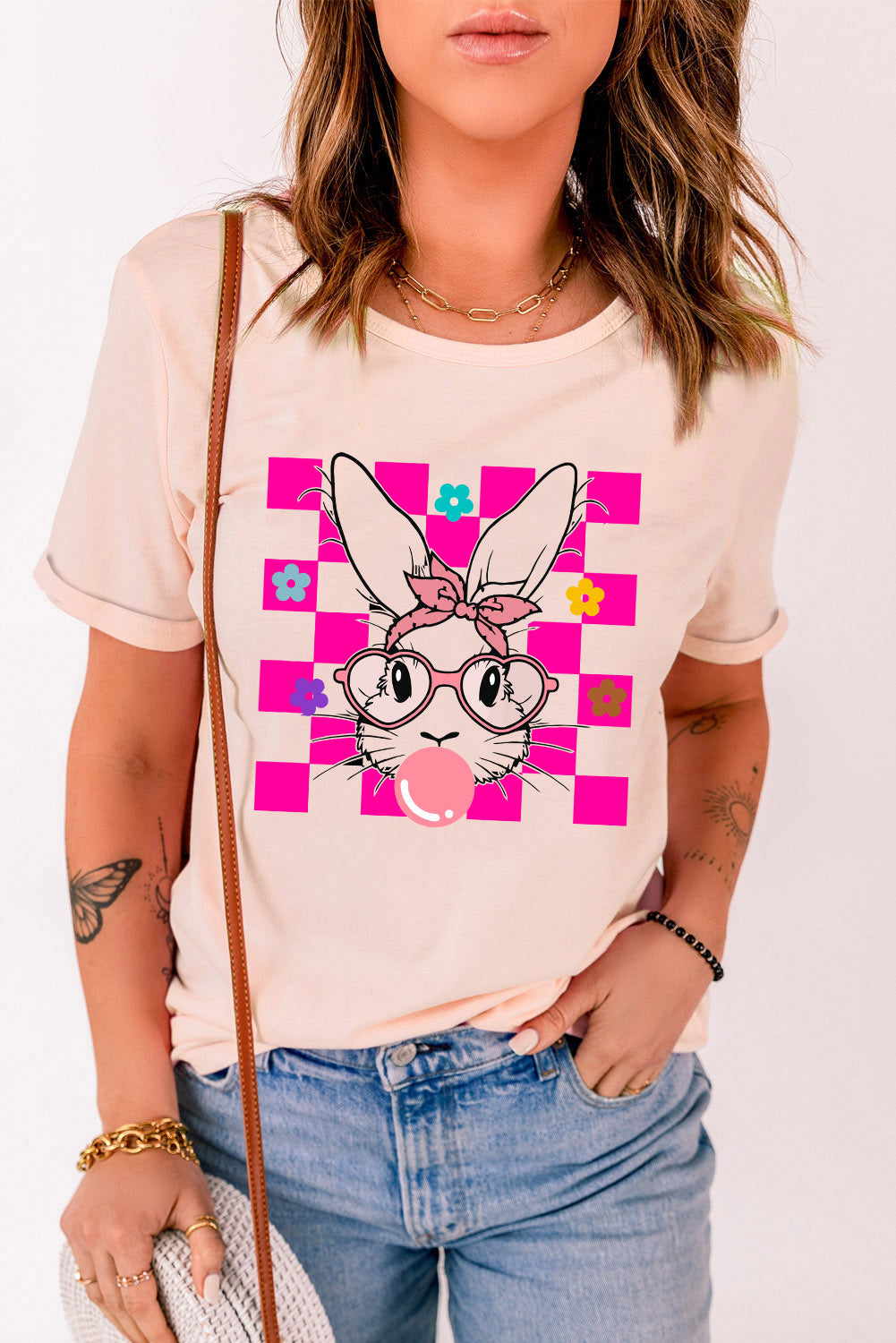 Checkered Flower Bunny Graphic Tee (S-2XL)