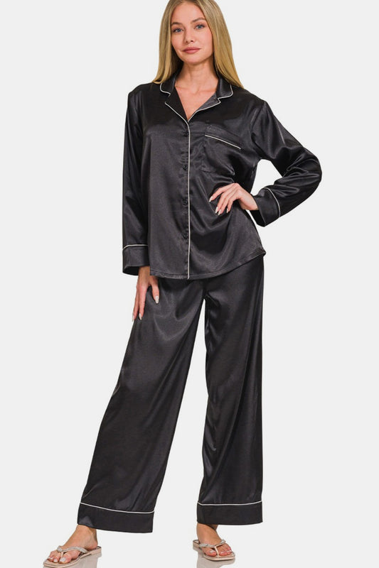 Zenana Satin Long Sleeve Pajama Set (S-XL)