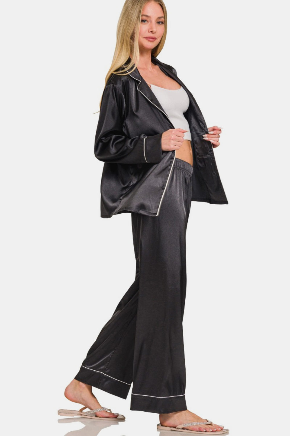 Zenana Satin Long Sleeve Pajama Set (S-XL)