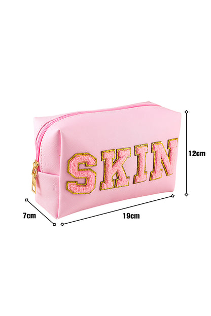 Pink Embroidered SKIN Letter Print Makeup Bag