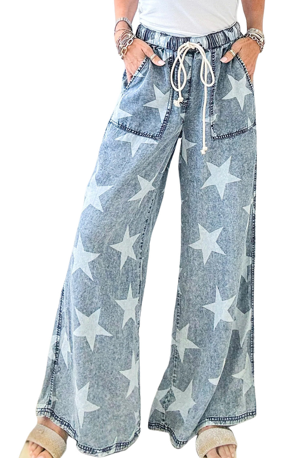 Light Wash Star Print Drawstring Wide Leg Jeans (6-16)