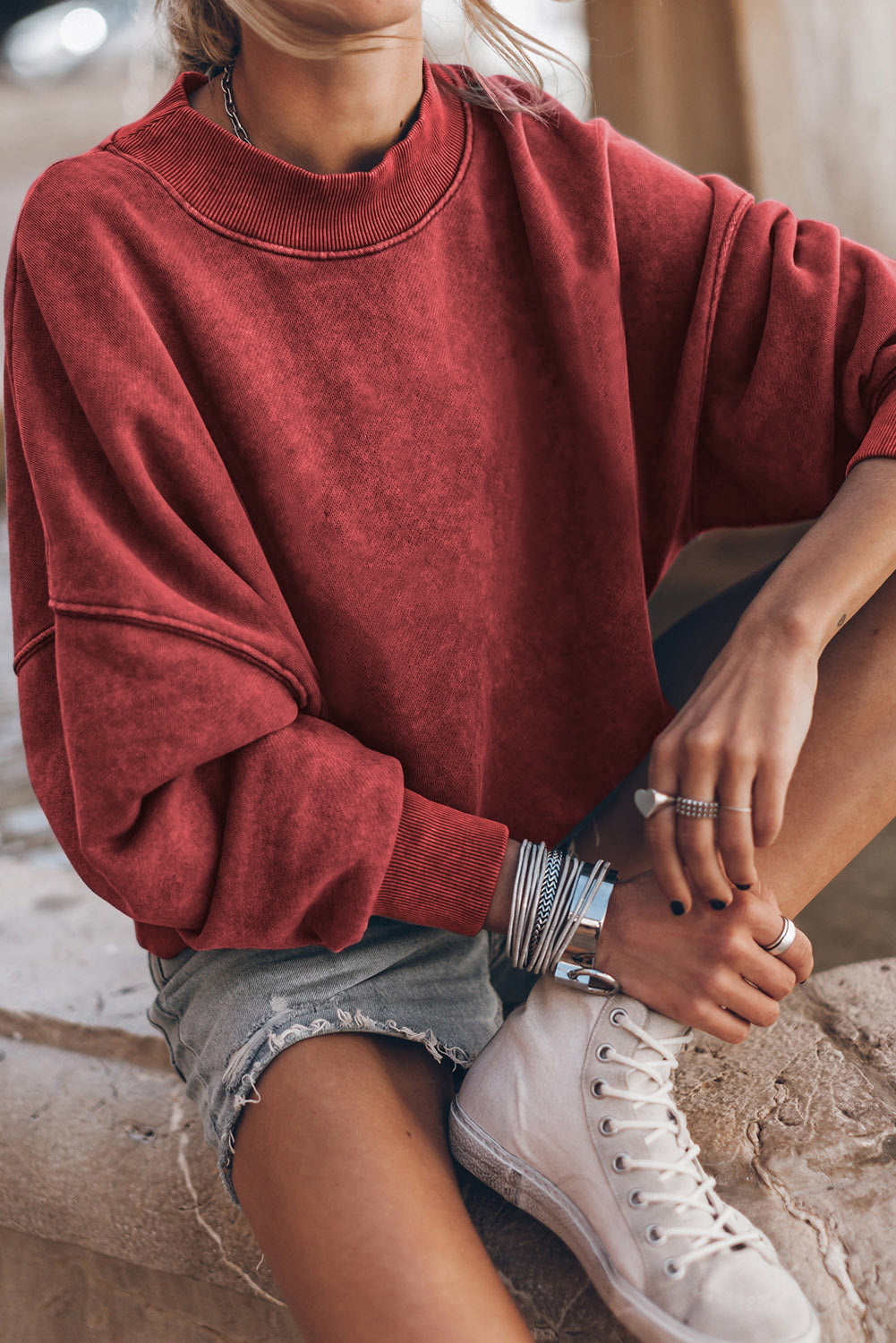 Brown Plain Drop Shoulder Crew Neck Sweatshirt