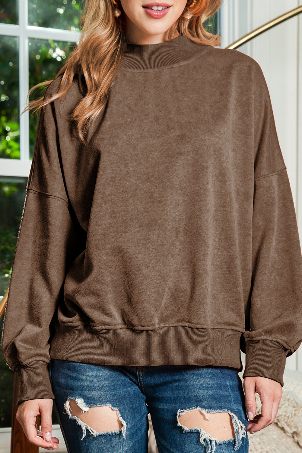 Brown Plain Drop Shoulder Crew Neck Sweatshirt