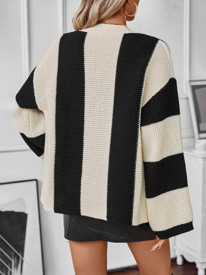 Waffle-Knit V-Neck Striped Long Sleeve Cardigan (S-XL)