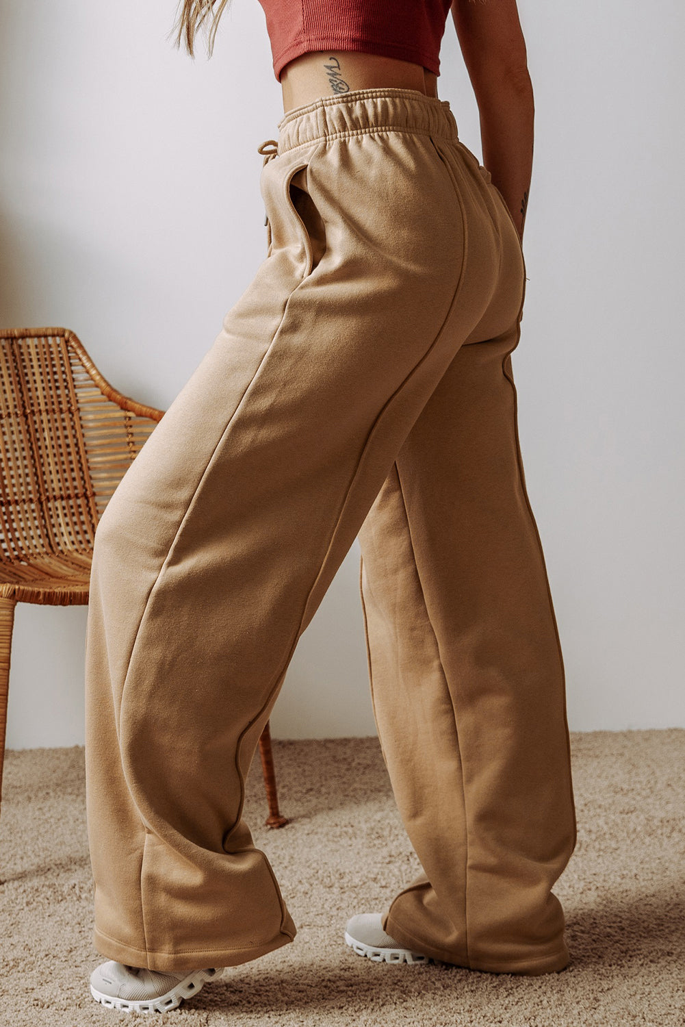 Exposed Seam Drawstring High Waist Wide Leg Pants