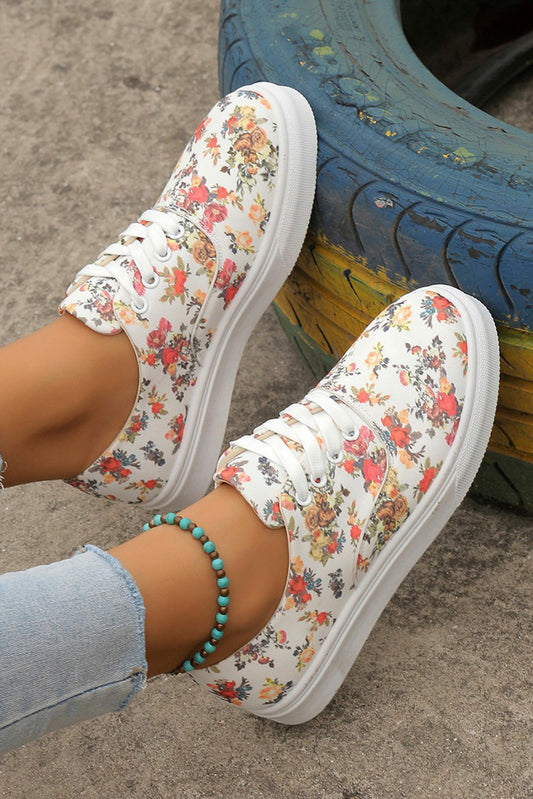 Floral Print Round Toe Lace-Up Flats