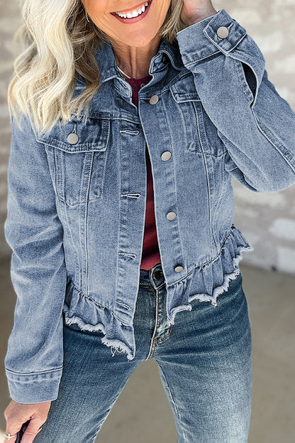 Beau Blue Ruffle Raw Hem Denim Jacket (S-2XL)