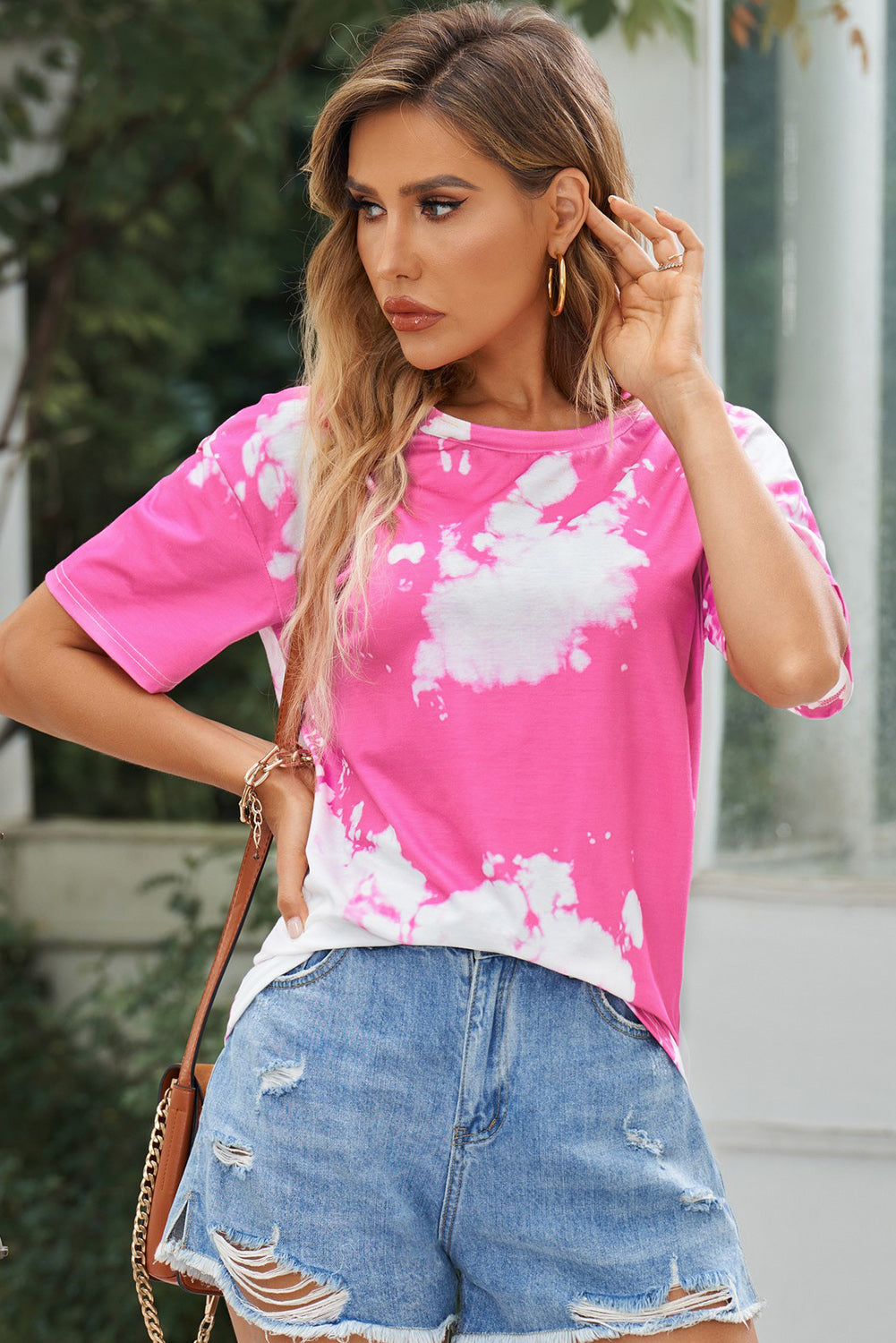 Blank Pink Tie-Dye Short Sleeve Crew Neck T-Shirt (S-2XL)