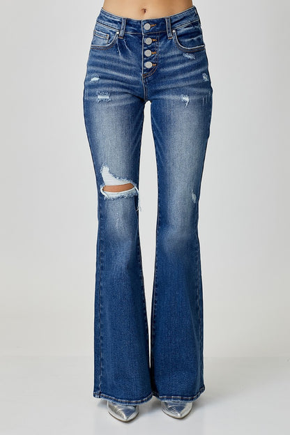 RISEN Distressed Button-Fly Flare Jeans (0-15)