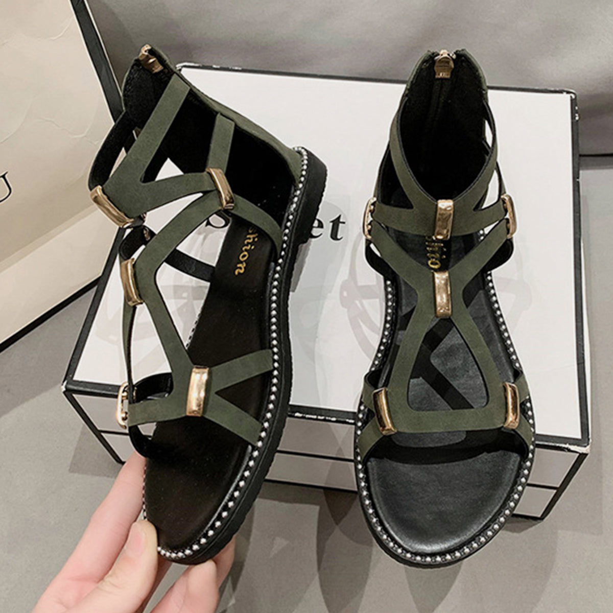 Studded Back Zipper Flat Sandals