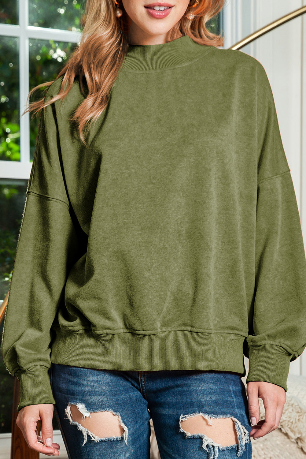 Brown Plain Drop Shoulder Crew Neck Sweatshirt