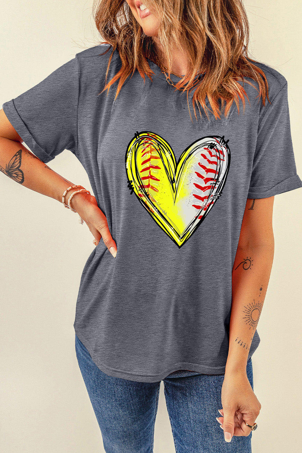 Baseball/Softball Heart Graphic Crew Neck  (S-2XL)