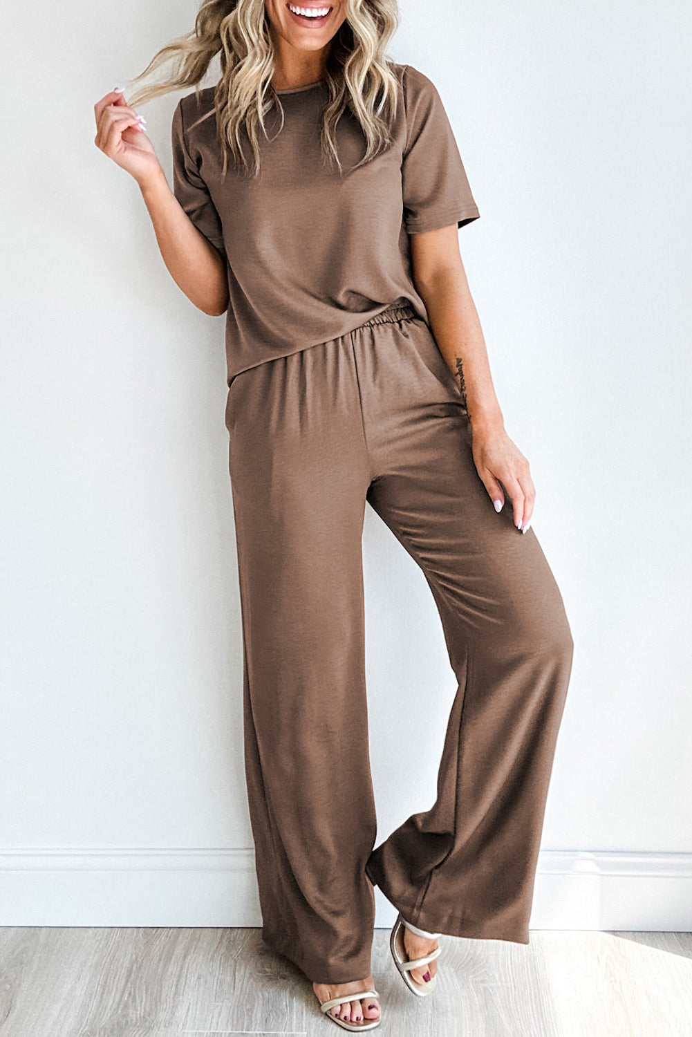 Solid Color T-Shirt + Wide Leg Pants Set (S-XL)