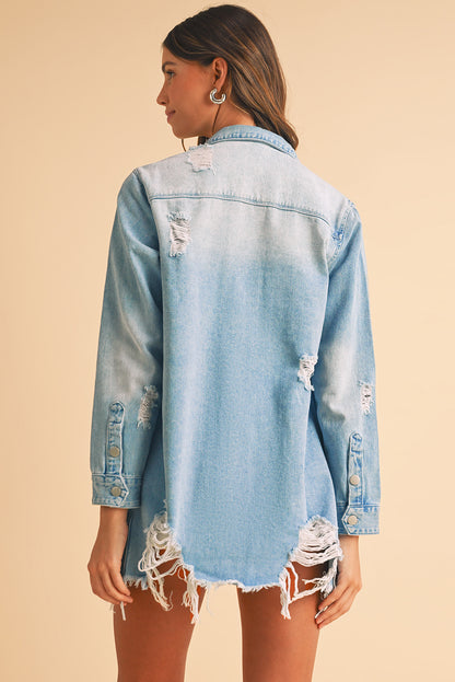 Light Wash Distressed Frayed Long Denim Jacket (S-2XL)