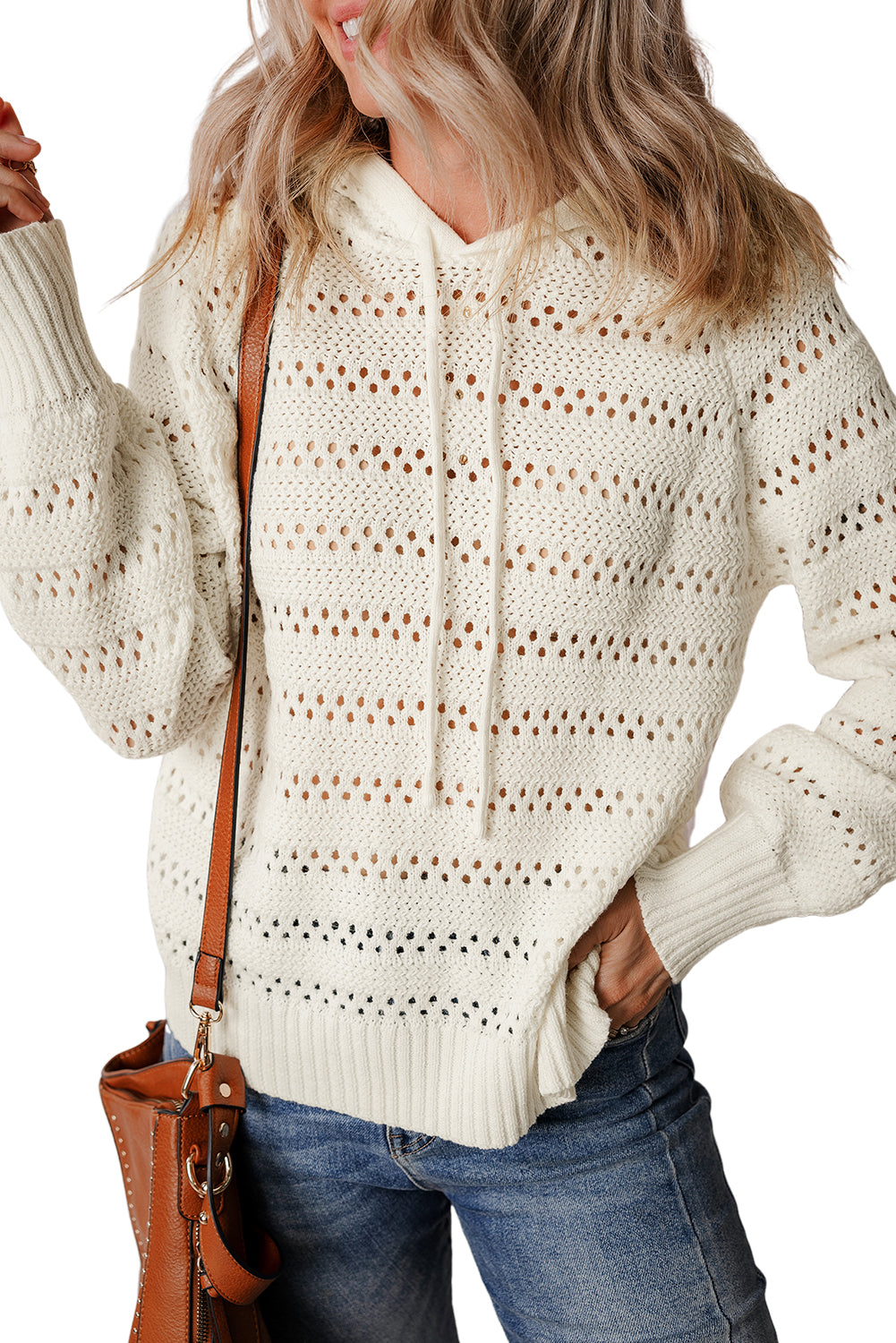 Peach Blossom Pointelle Knit  Hooded Sweater