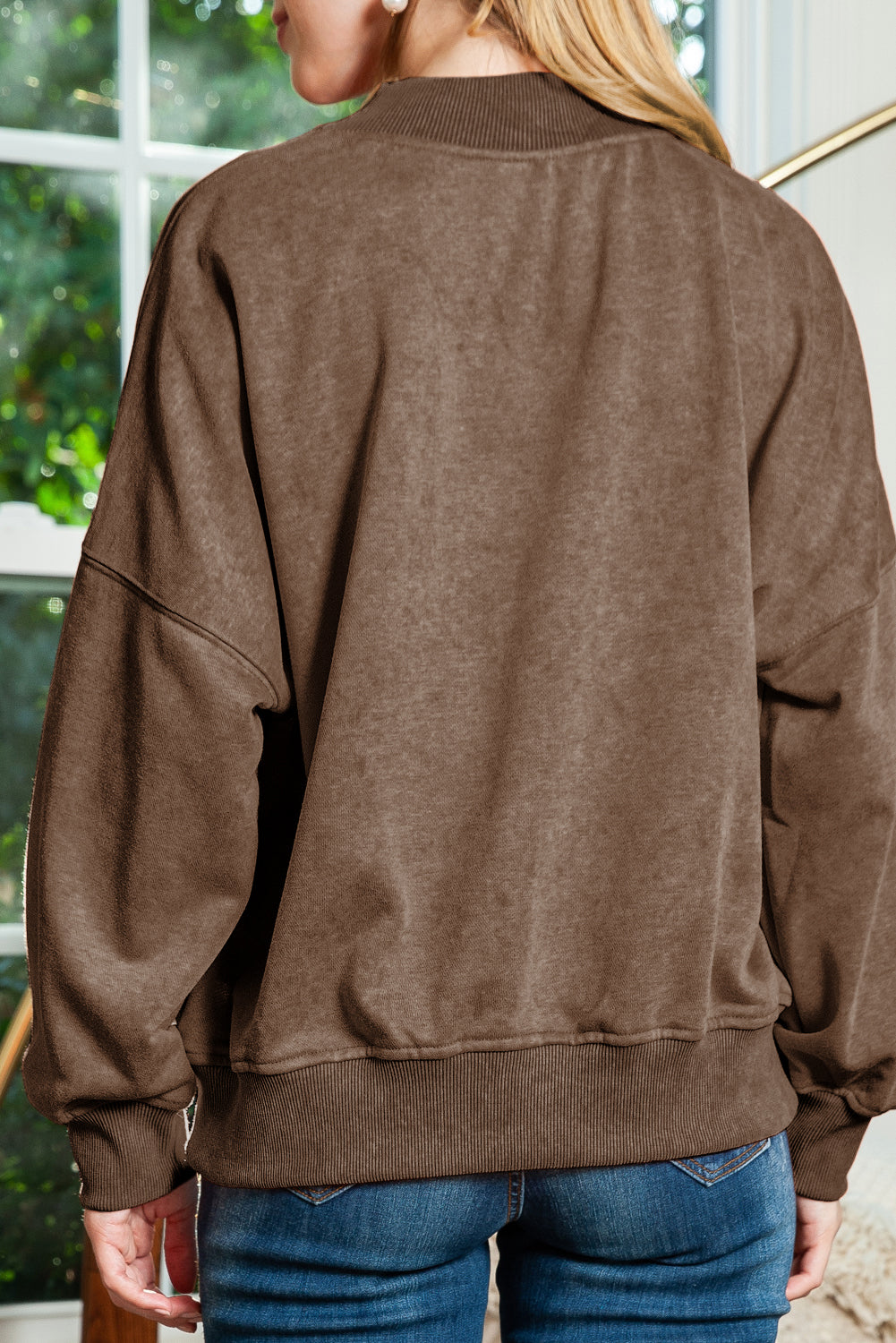 Brown Plain Drop Shoulder Crew Neck Sweatshirt