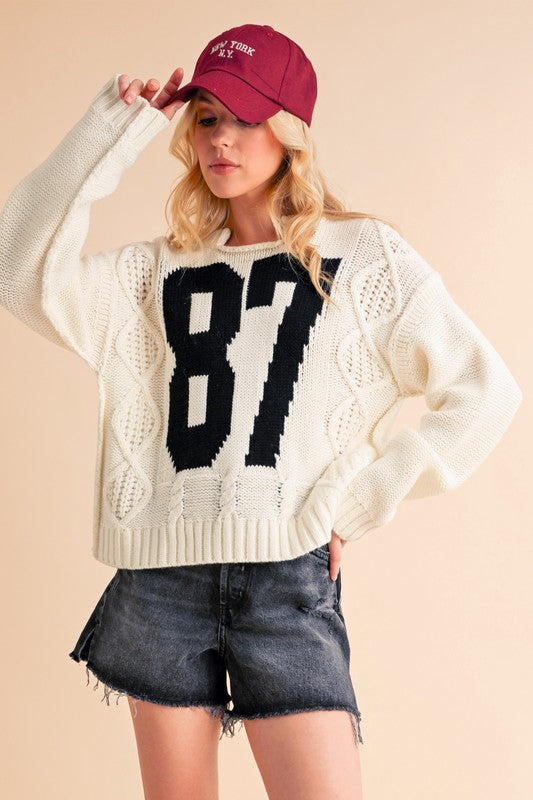 '87' Swiftie Cable Knit Drop Shoulder Sweater (S-L)