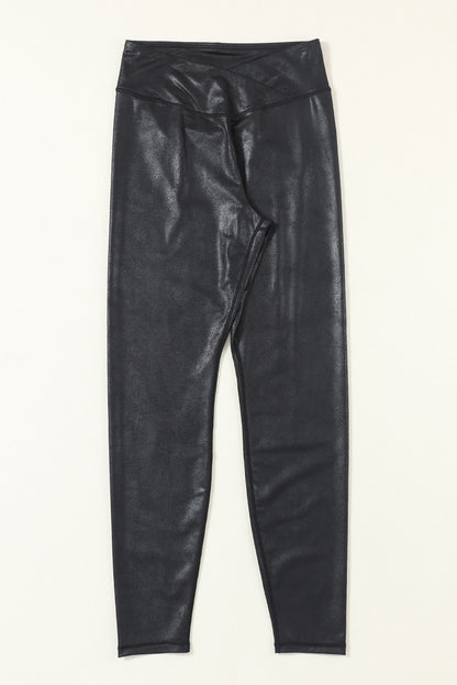 Black Cross Dip Waist Leather Leggings (S-XL)