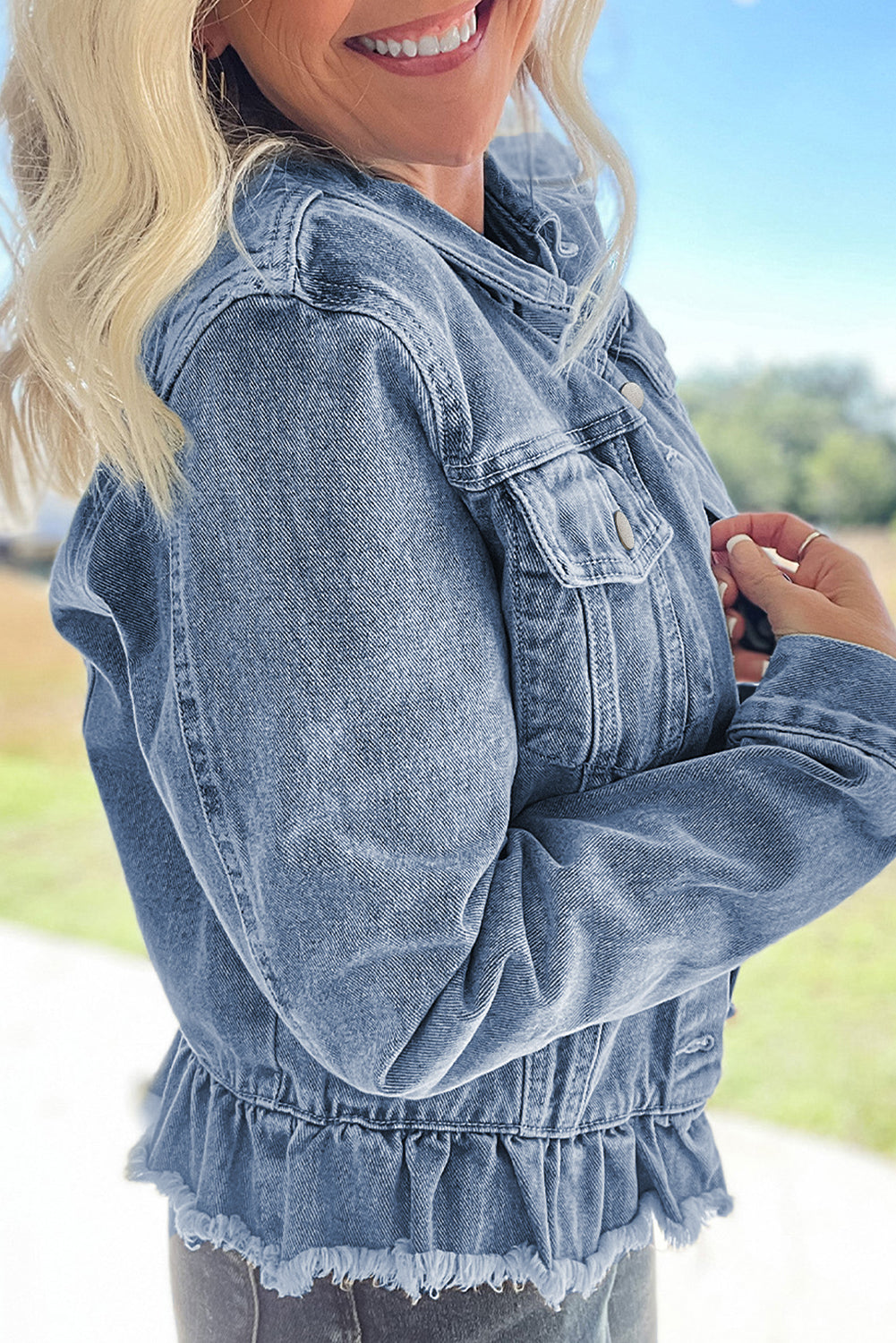 Beau Blue Ruffle Raw Hem Denim Jacket (S-2XL)