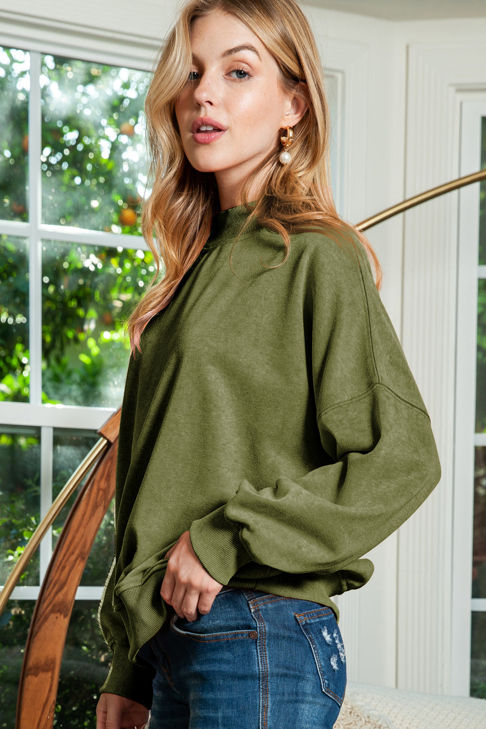 Brown Plain Drop Shoulder Crew Neck Sweatshirt