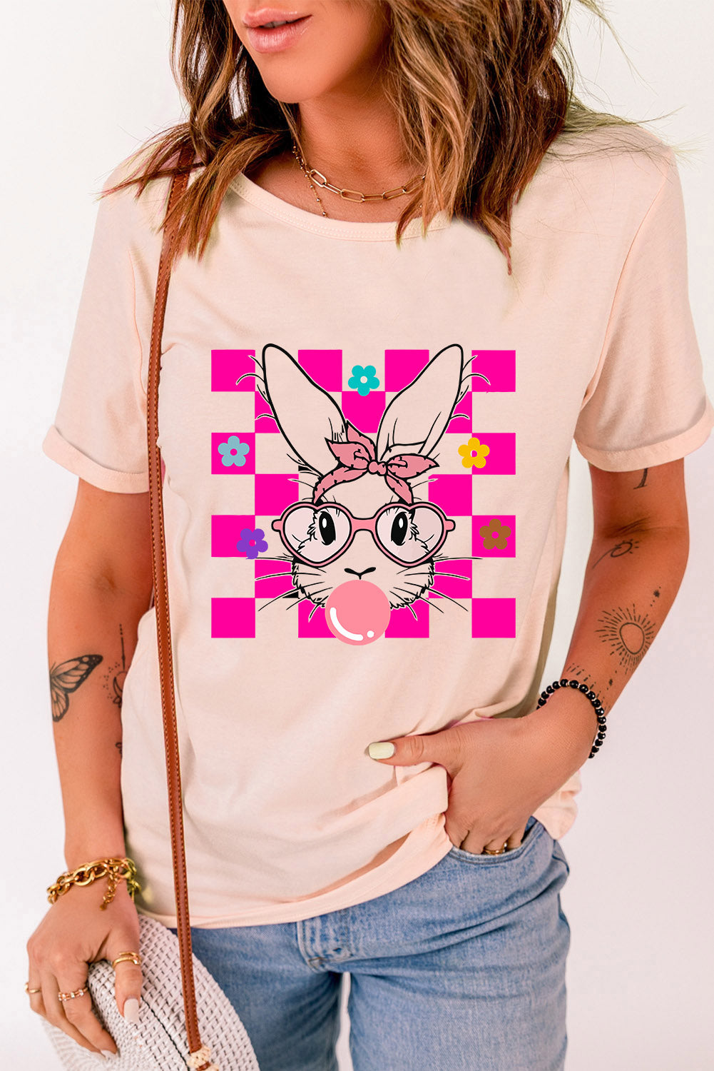 Checkered Flower Bunny Graphic Tee (S-2XL)