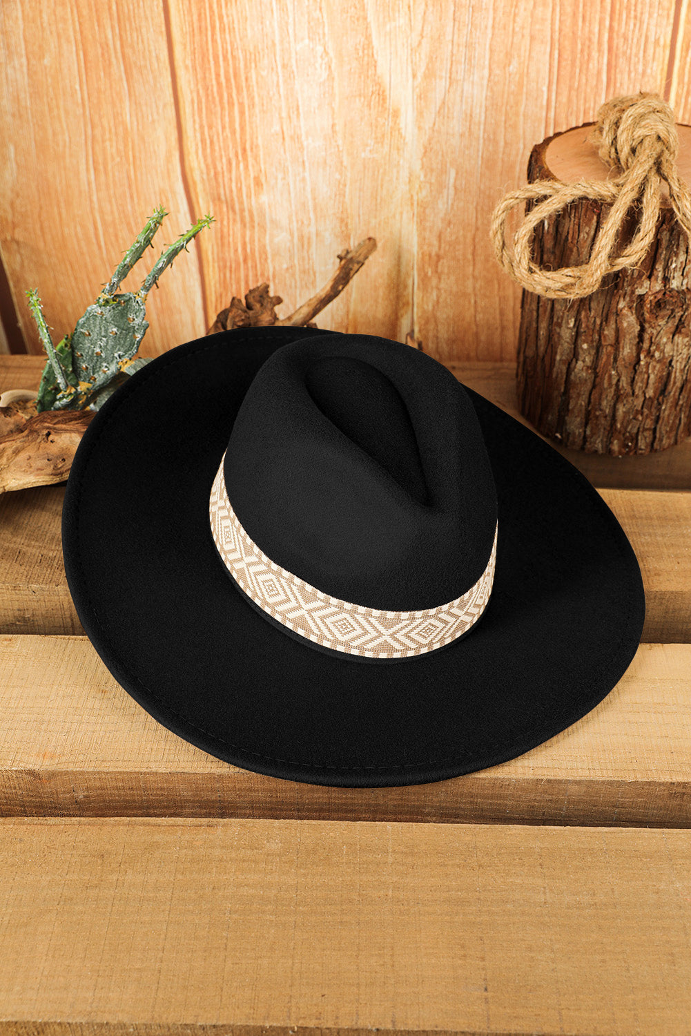 Black Geometric Patchwork Flat Brim Woven Hat