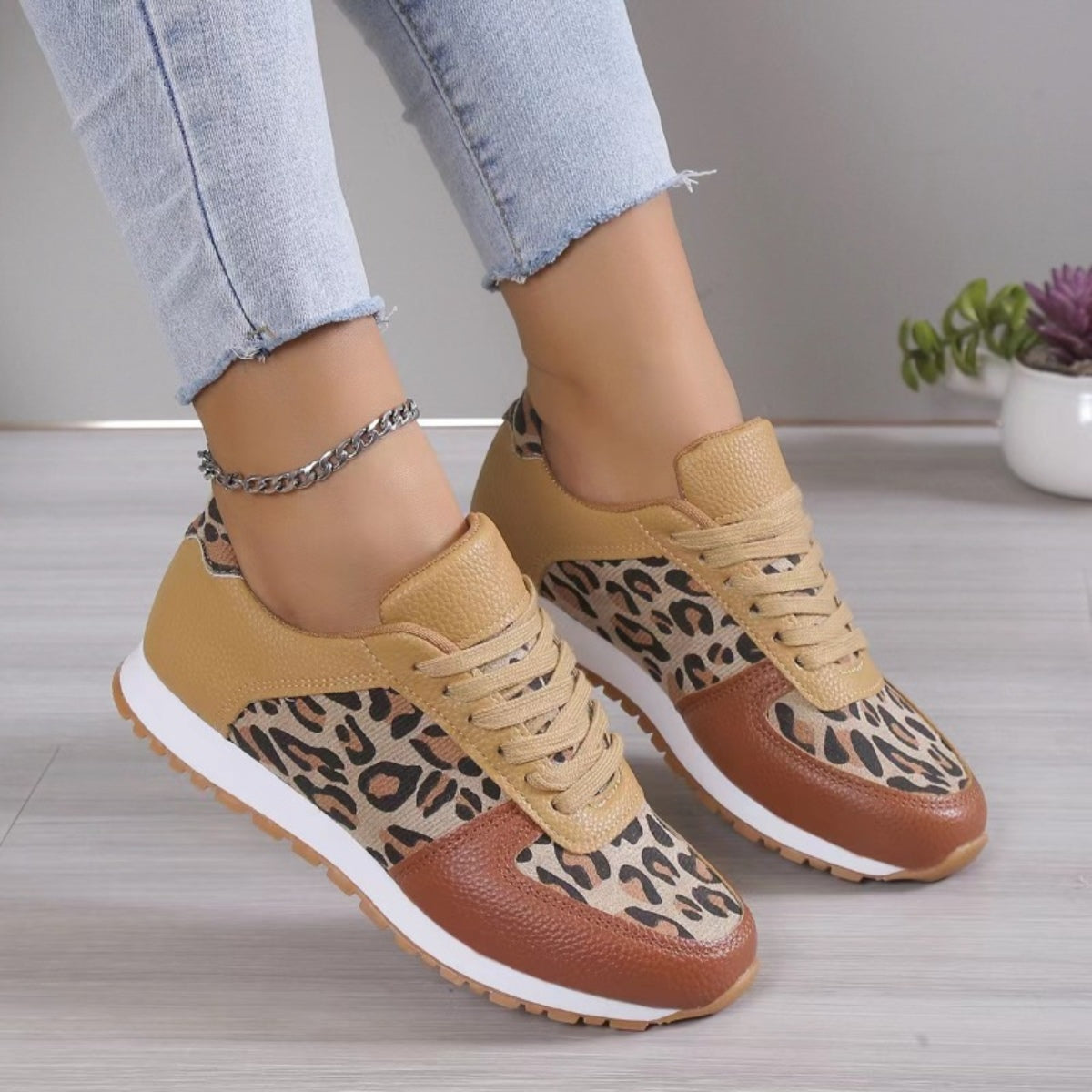 Camo/Leopard Printed Leather Athletic Shoes