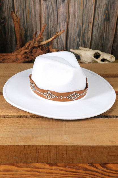 White Studded Detail Wide Brim Panama Hat