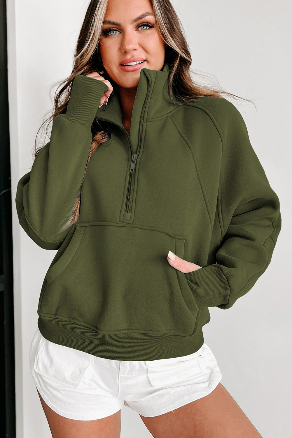 Smoke Green Quarter Zip Pocket Sweatshirt