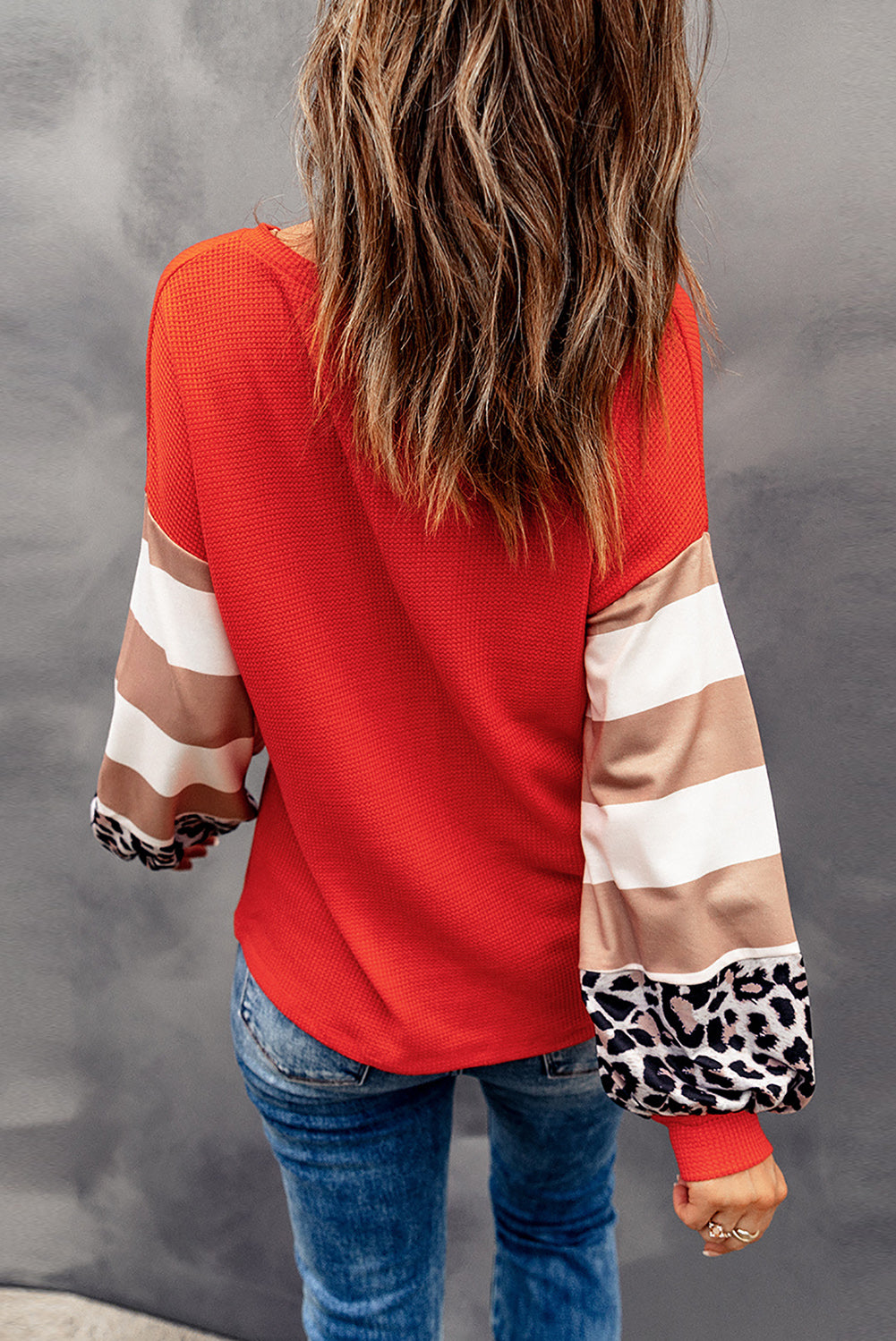 Blank Leopard Color Block V Neck Long Sleeve (S-2XL)