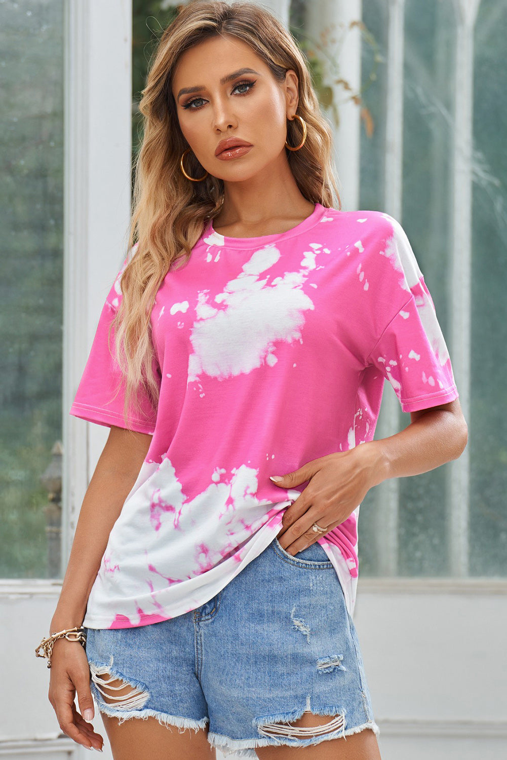 Blank Pink Tie-Dye Short Sleeve Crew Neck T-Shirt (S-2XL)