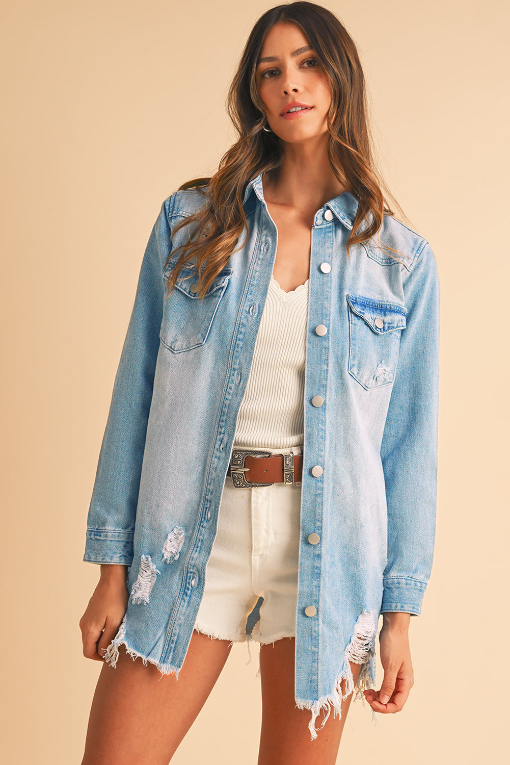 Light Wash Distressed Frayed Long Denim Jacket (S-2XL)