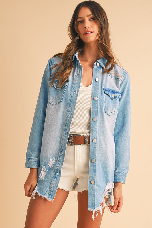 Light Wash Distressed Frayed Long Denim Jacket